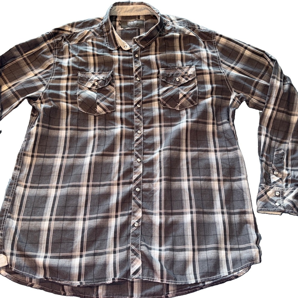 BKE Mens 2XL Plaid PEARL Button Down Shirt GRAY Heavy Contrast Stitch Western